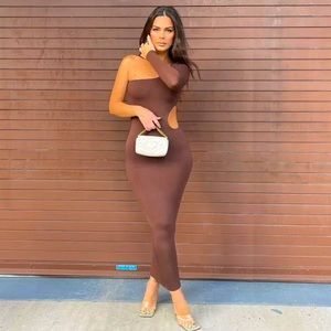 Brown one sleeve cut out pencil dress